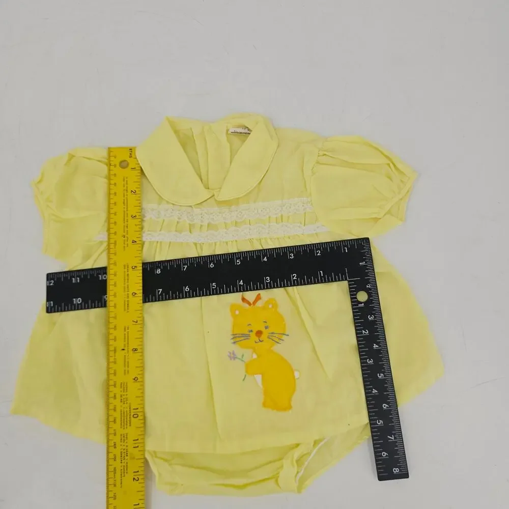 Vintage 70's Yellow Kitty Lace Ruffle Frilly Smocked Dress Baby Girl 18 mo 4034